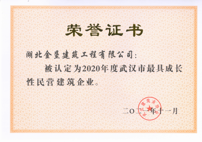 2020年度武漢市最具成長性民營建筑企業證書